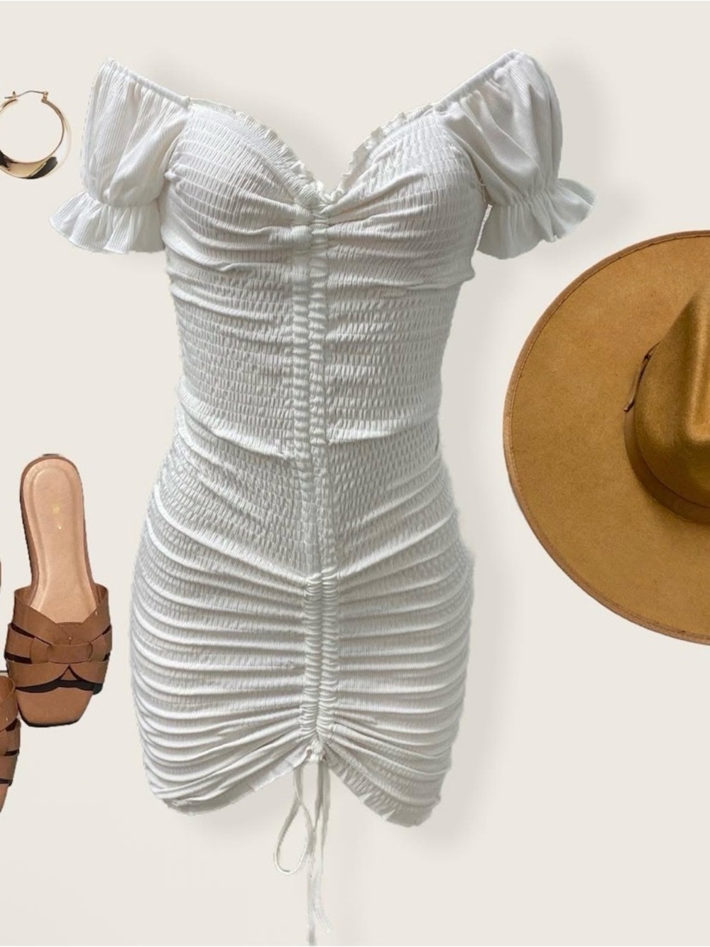 “Ruched and ready” White Ruched Off-Shoulder Mini Dress with Puff Sleeves